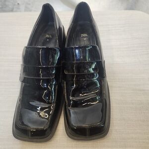 Zara Patent Black Leather Sz 9 Chunky Heal Penny Loafer Goth Collegiate